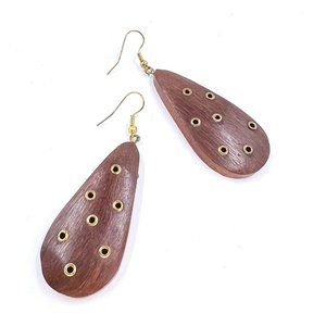 NWT – Charming Charlie – Wooden Teardrop Gold Tone Fishhook 2.75” Earrings